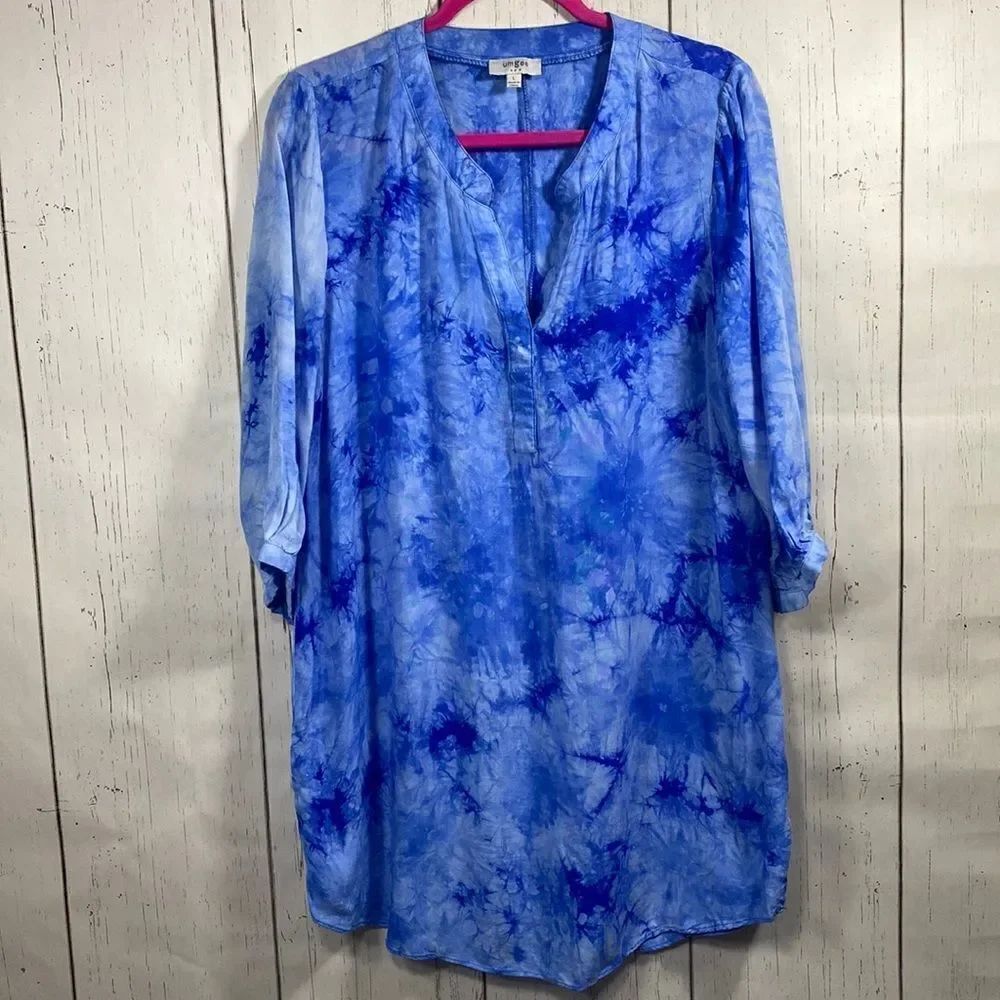 Umgee Blue Tie Dye Tunic Blouse Size L Boho Coastal Resort Lightweight Beachy